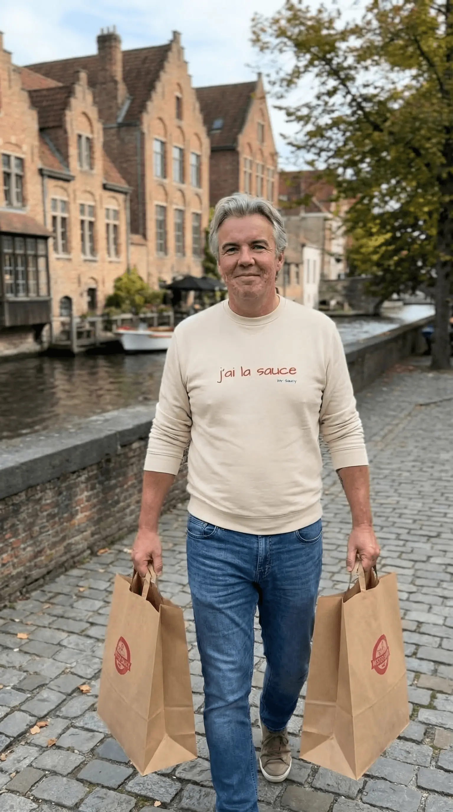 Christophe delivering Mr. Saucy meals in Bruges
