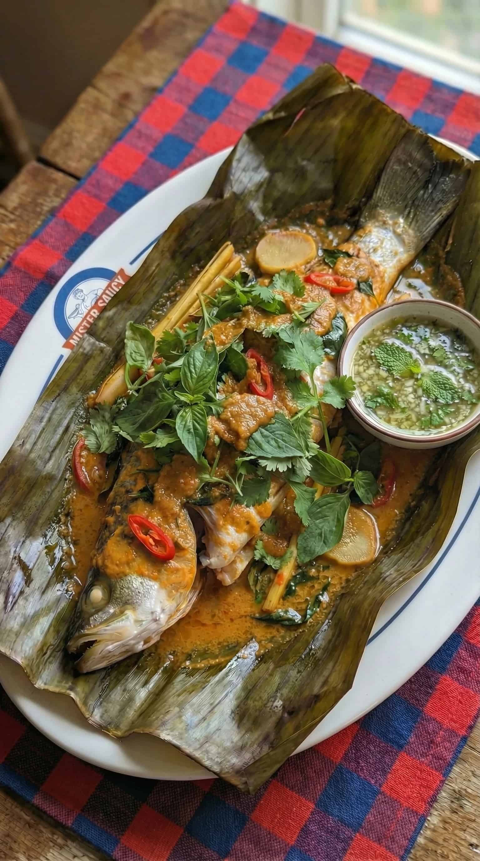 Whole Sea Bass in Banana Leaf, Thai Herbal Curry