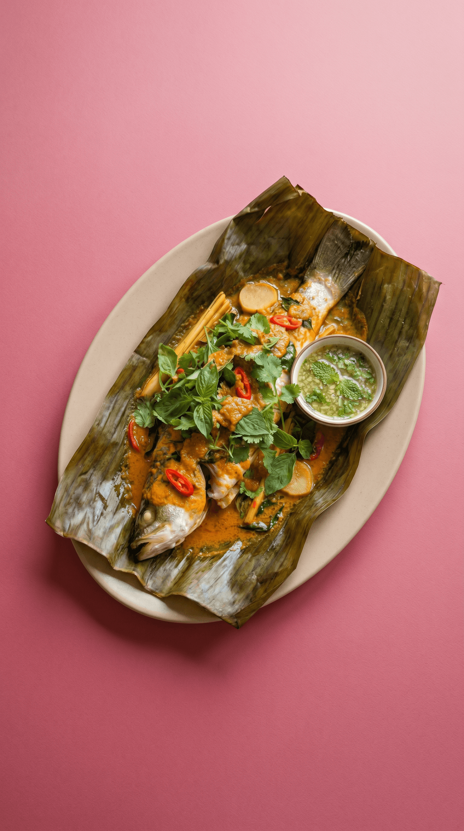 Whole Sea Bass in Banana Leaf, Thai Herbal Curry from Mr. Saucy