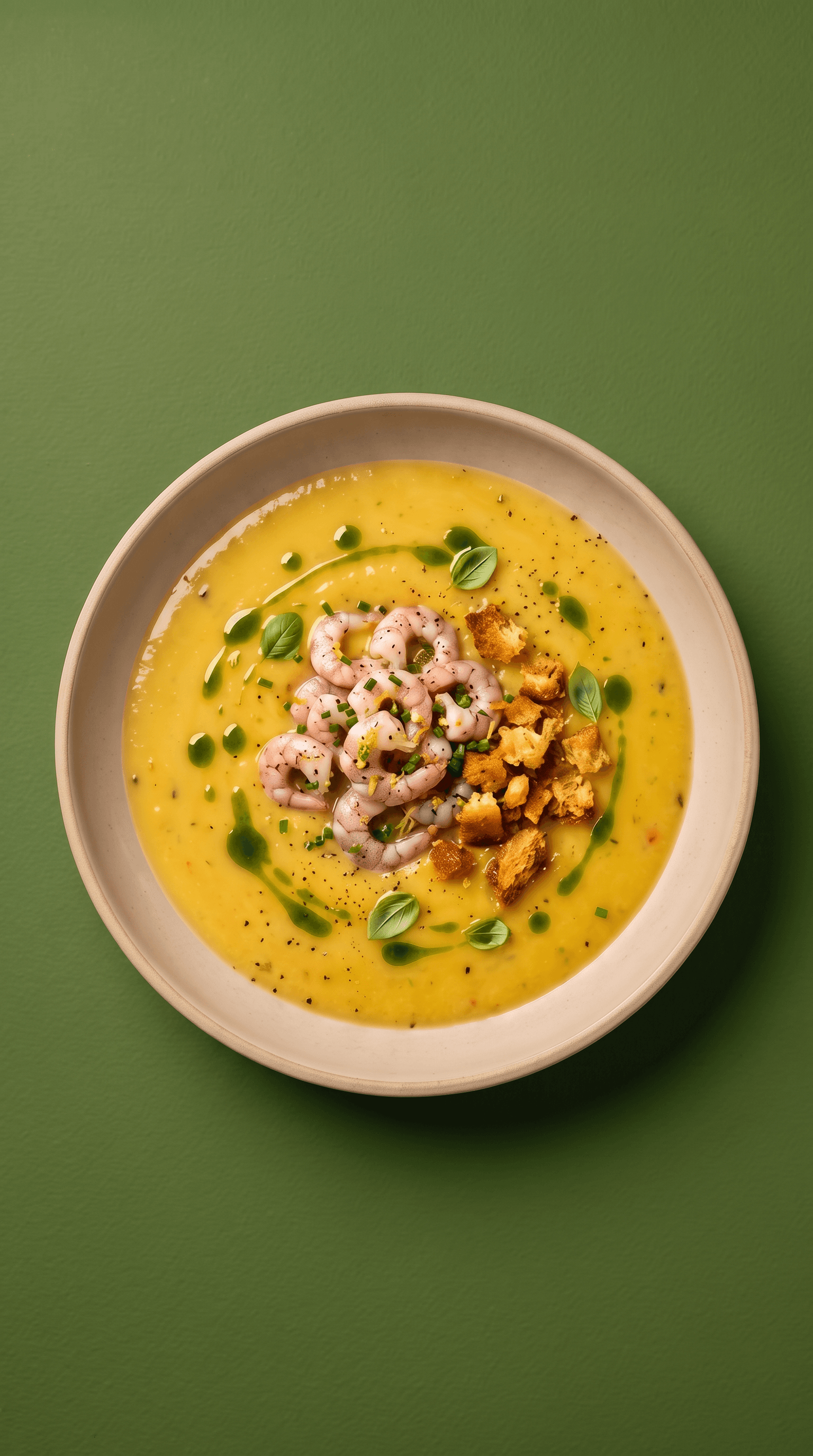 Recipe image: Chilled Yellow Tomato Gazpacho Recipe with Shrimp and Basil Oil