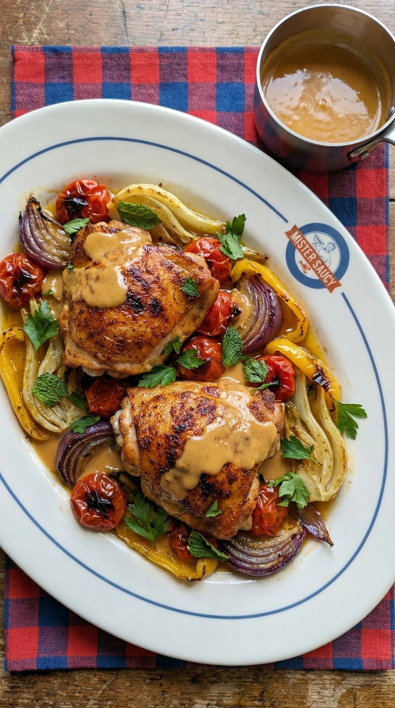 Big Green Egg Chicken Thighs with Harissa Veloute and Roasted Summer Vegetables
