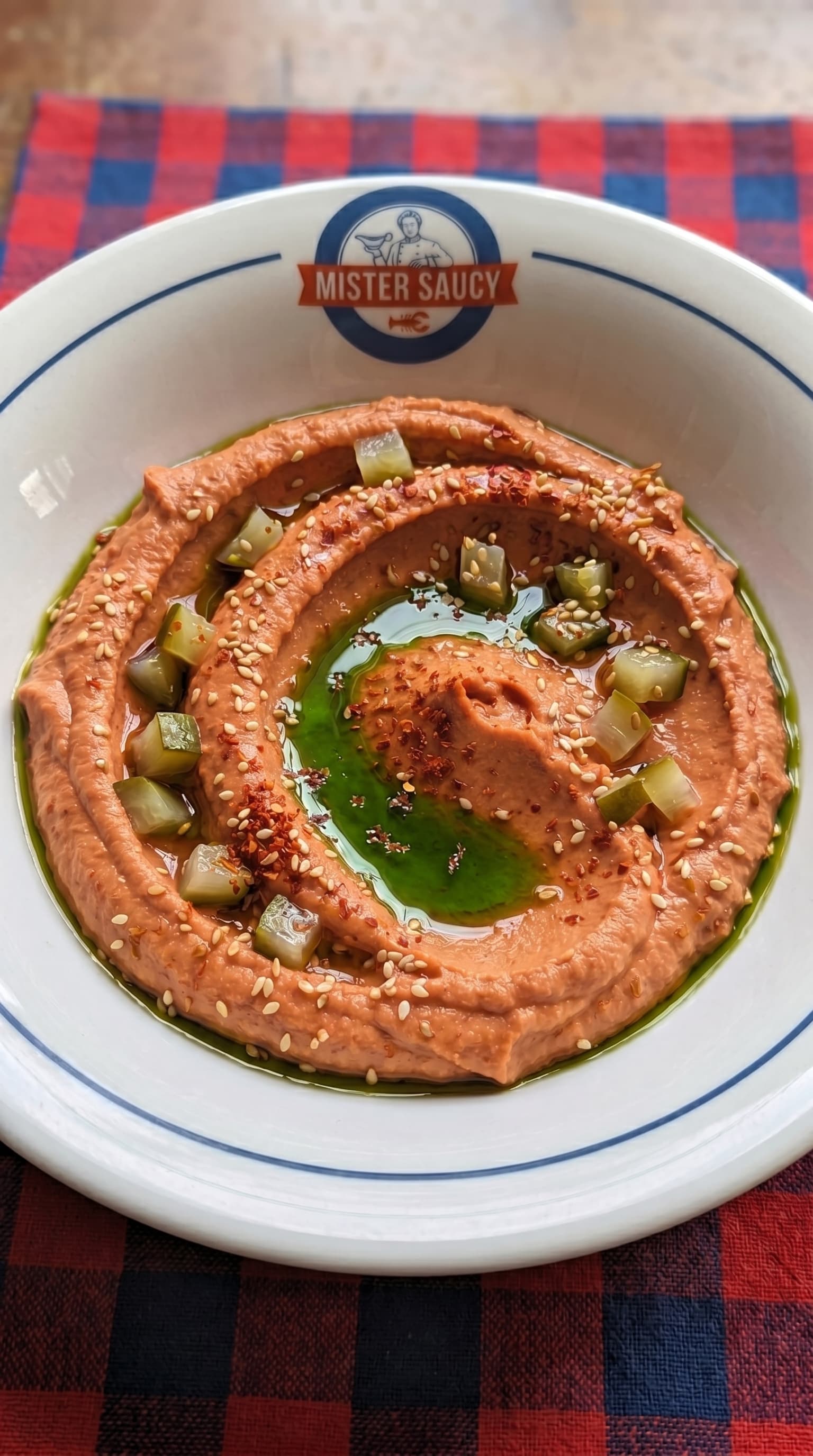 Gochujang Hummus with Pickled Zucchini and Wild Garlic Oil