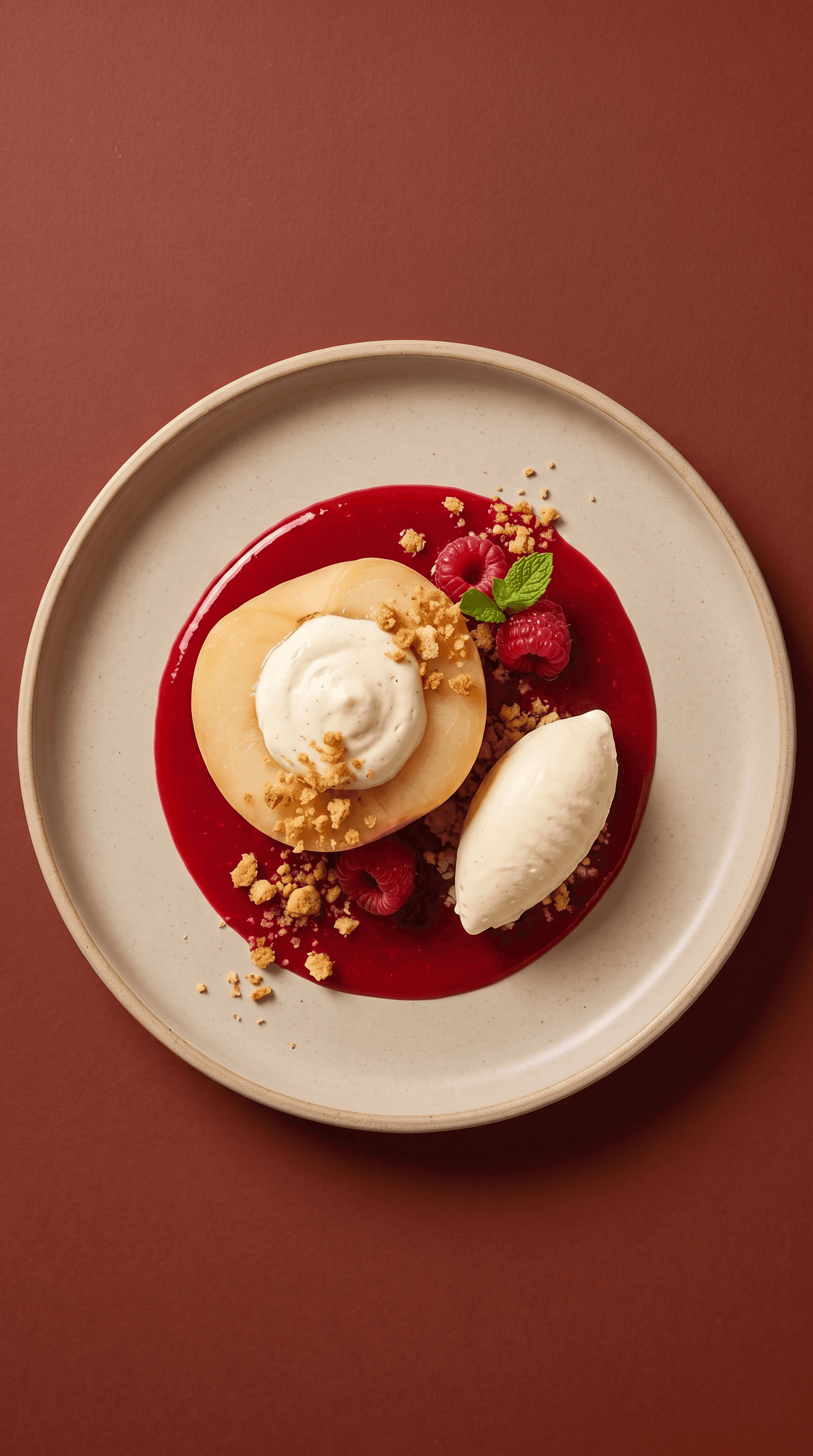 Recipe image: Peach Melba Recipe with Vanilla Crème Légère and Almond Crumbs