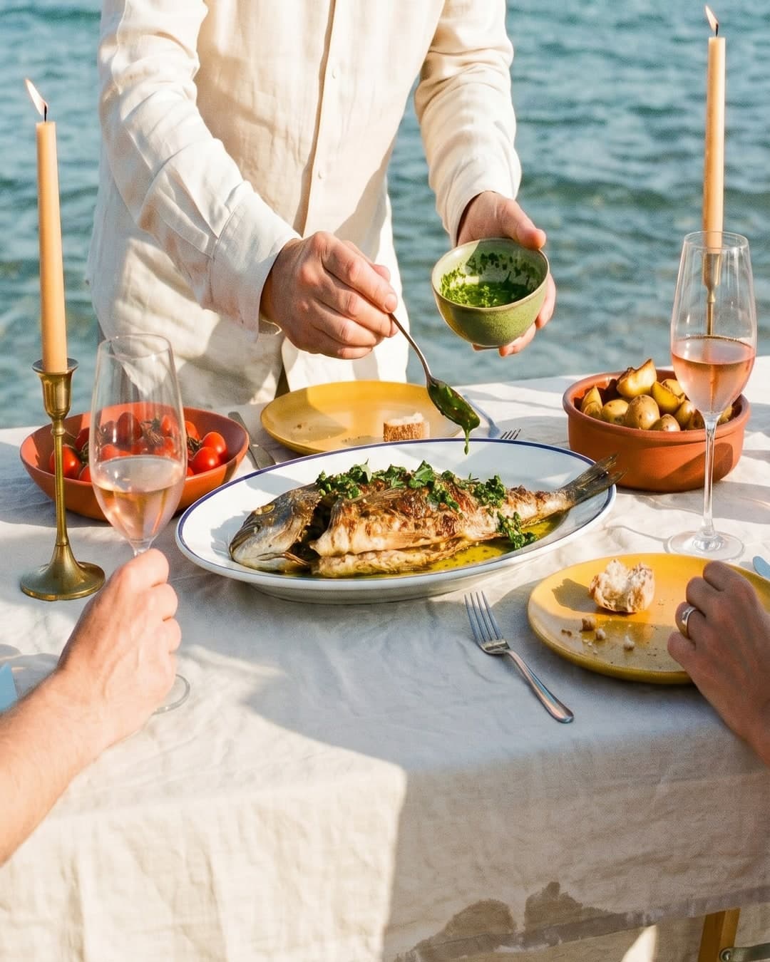 Outdoor dinner for four with a whole grilled fish, rosé, candles and sunlit water