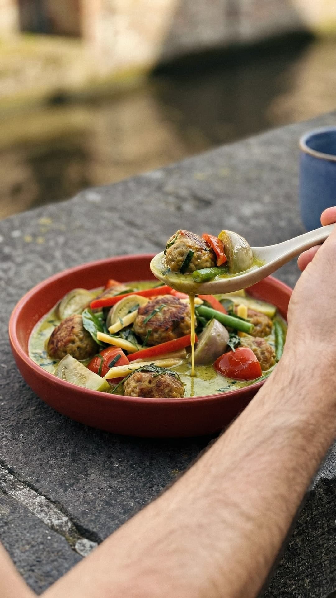 A hand lifts a ceramic spoon from a shallow terracotta bowl of green curry with meatballs and vegetables, set on a stone ledge in Bruges.
